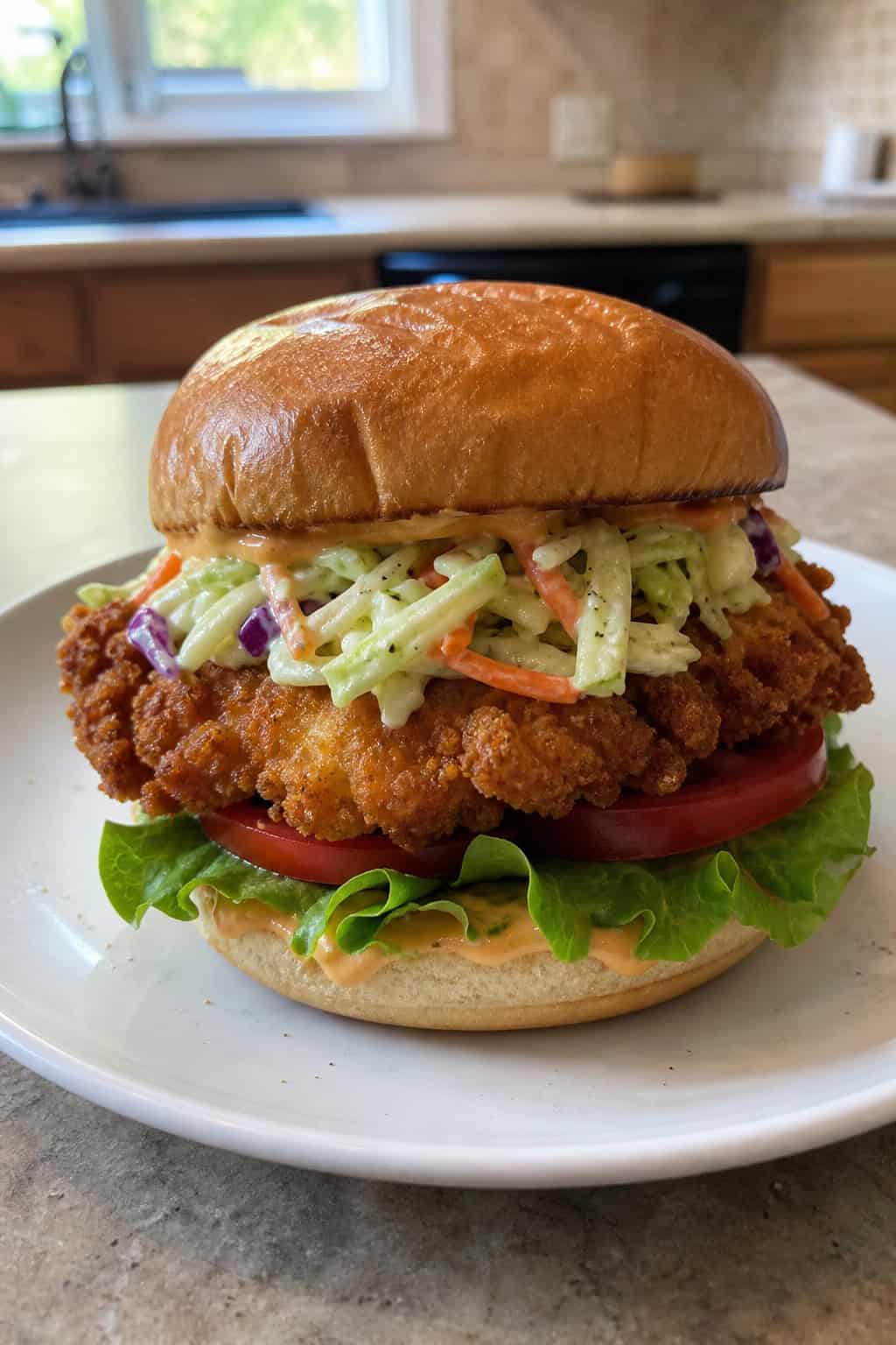 A crispy shallow-fried chicken sandwich piled with coleslaw and sauce on a toasted bun, served on a wooden board with a bowl of coleslaw in the background