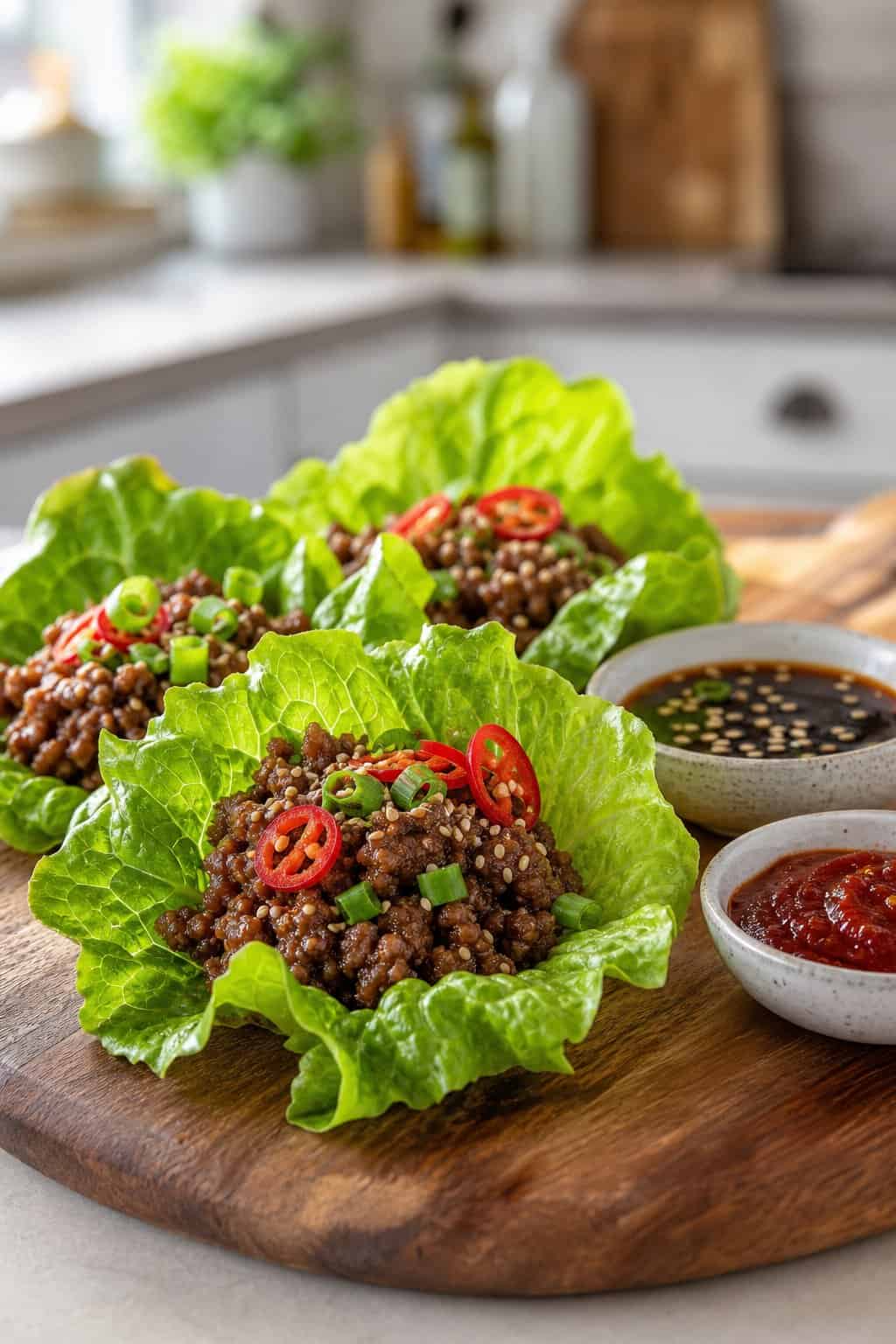A platter of crispy Korean beef lettuce wraps with garnishes and dipping sauces on a wooden surface.