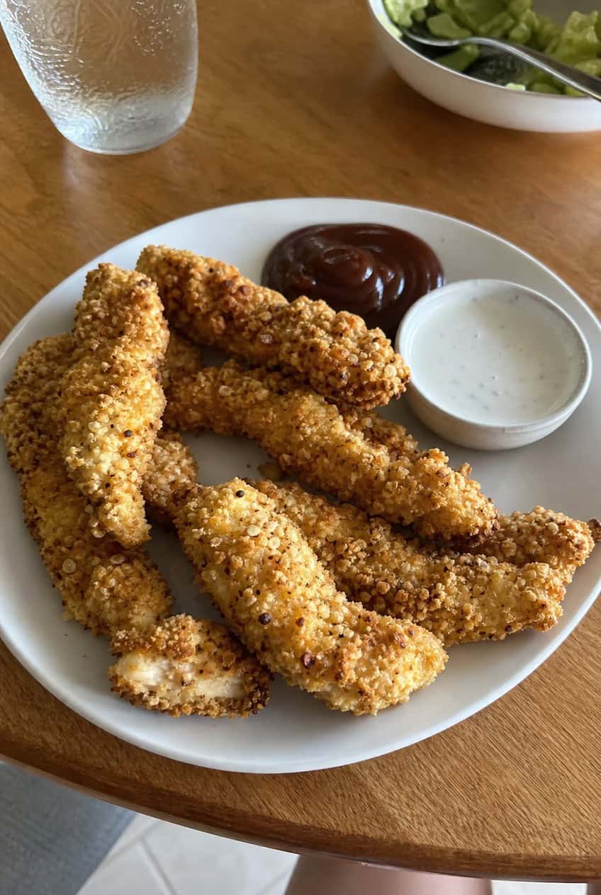 A plate of oven-baked chicken tenders with a deep golden Parmesan breadcrumb crust, served alongside small bowls of honey mustard and marinara dipping sauce on a wooden table.