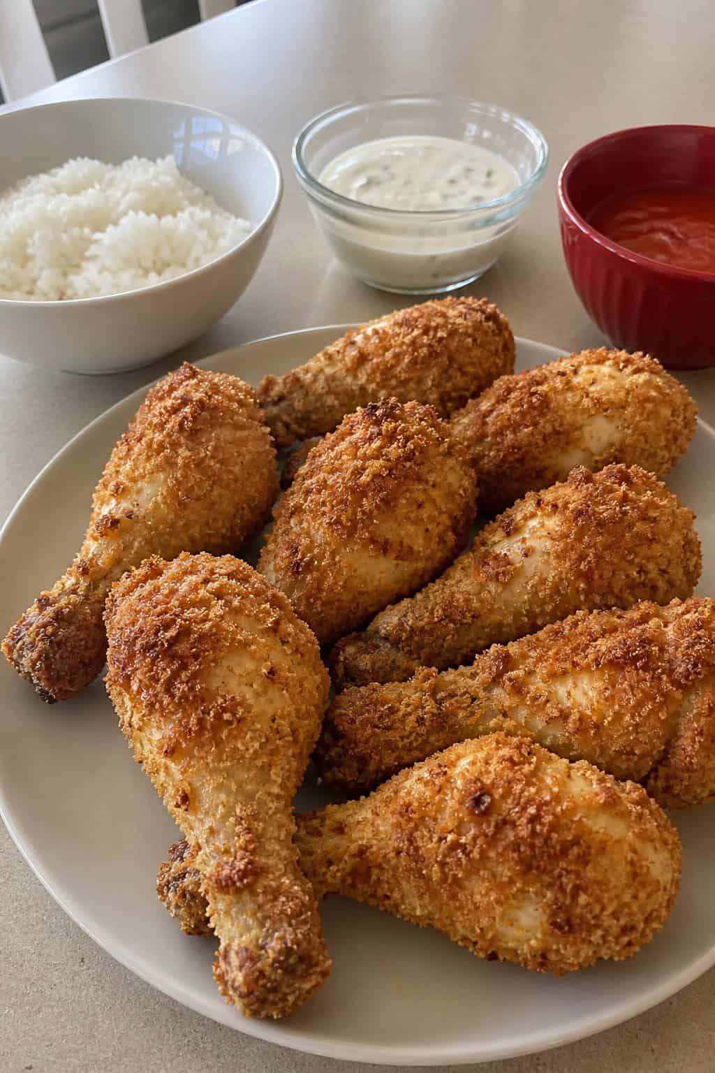 Golden brown panko-crusted chicken drumsticks on a white plate with small ramekins of ketchup and ranch dipping sauce and lemon wedges on a wooden table.