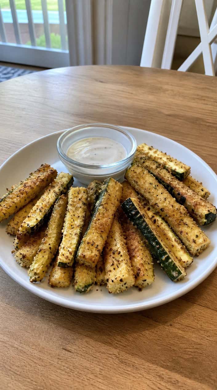A serving board with crispy golden zucchini fries and a small bowl of dipping sauce.