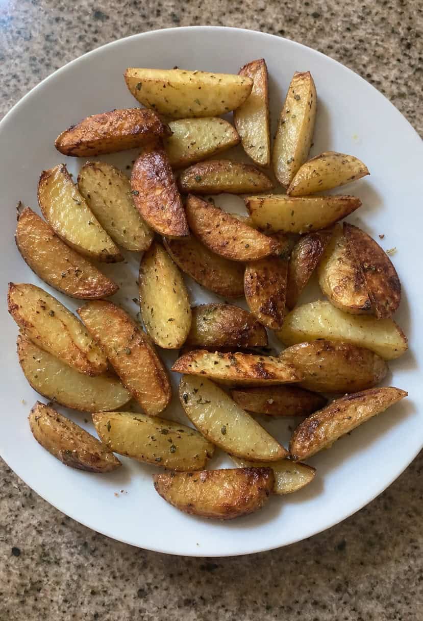 Golden potato wedges arranged in a circular pattern on a rustic wooden serving platter, surrounded by fresh herbs and spices