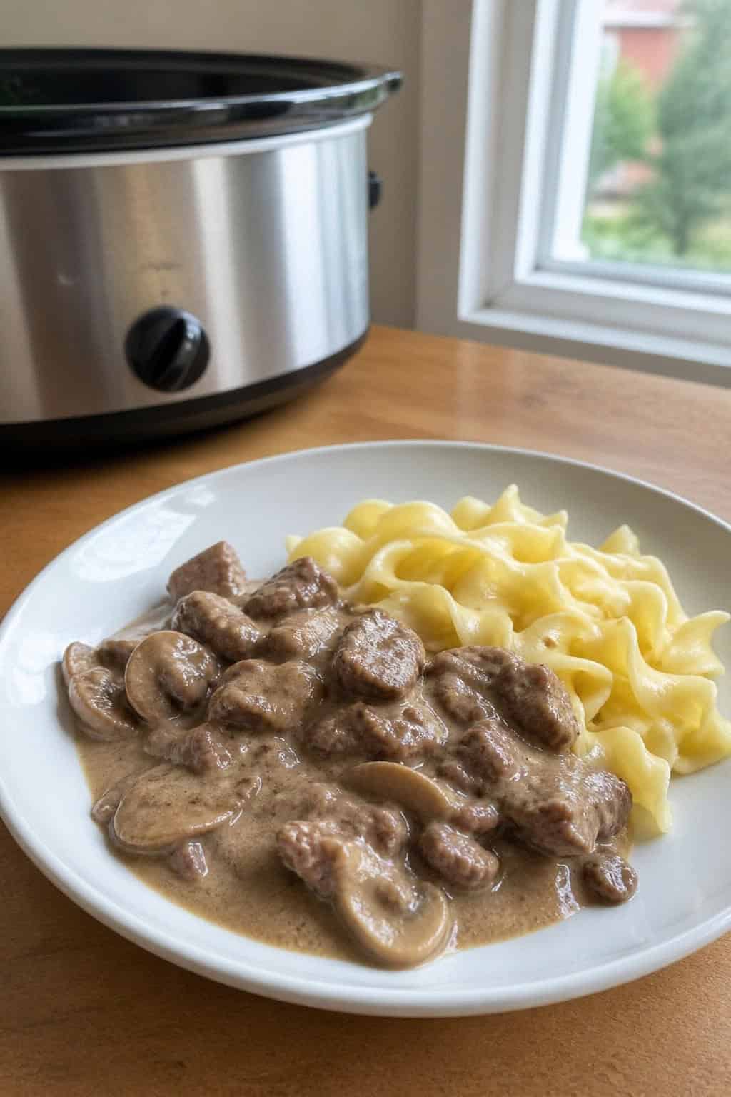 A bowl of creamy beef stroganoff with egg noodles on a wooden table, surrounded by fresh ingredients in a kitchen setting.