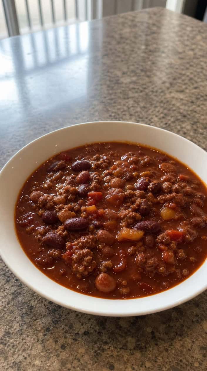 A crockpot filled with chili con carne on a wooden countertop surrounded by fresh ingredients in a kitchen.