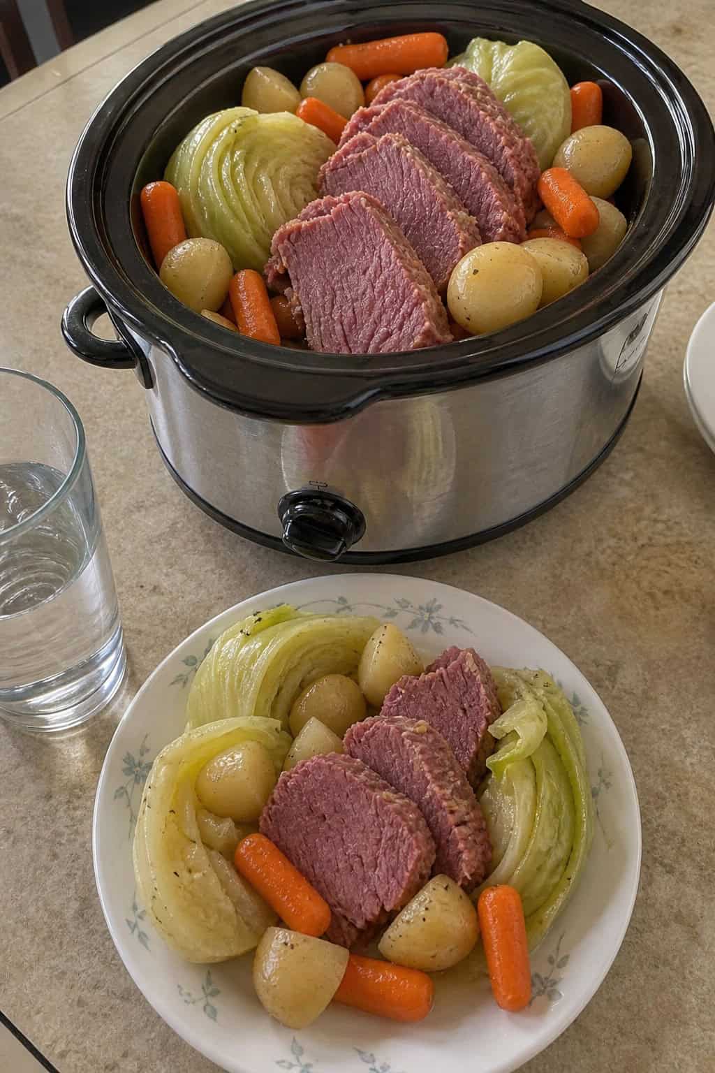 A crockpot filled with cooked corned beef, cabbage, carrots, and potatoes on a wooden table in a bright kitchen.