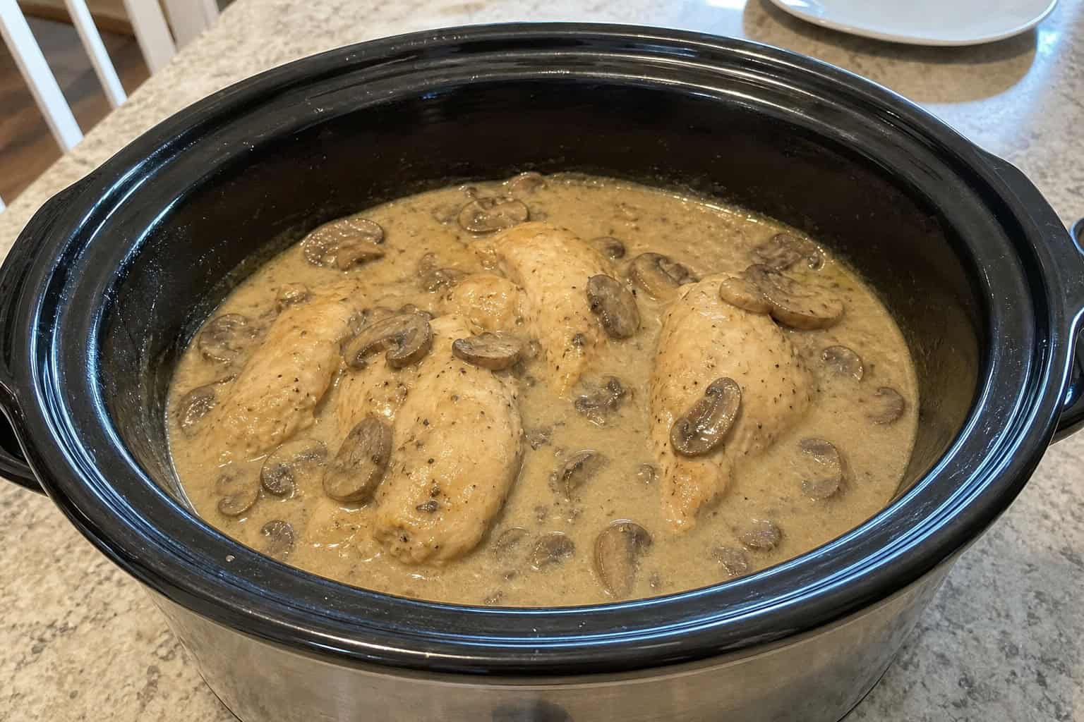 A crockpot filled with creamy mushroom chicken on a kitchen countertop surrounded by fresh mushrooms and herbs.