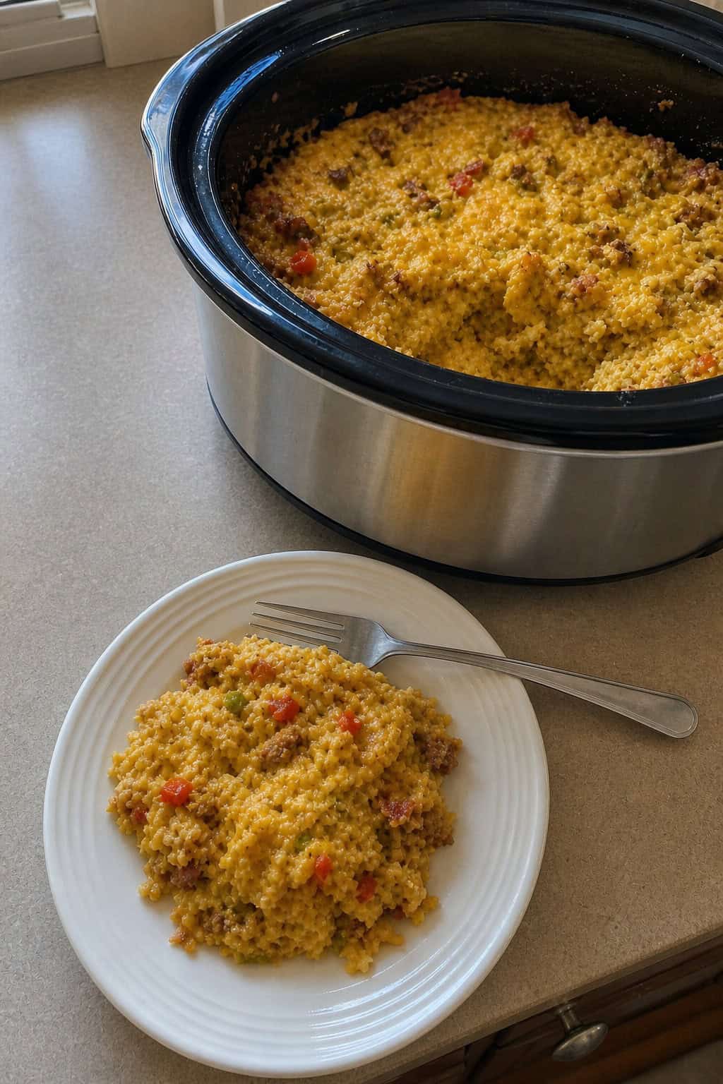 A crockpot filled with a soft golden hashbrown casserole on a wood table, with a plated serving beside it and scattered fresh ingredients in the background.