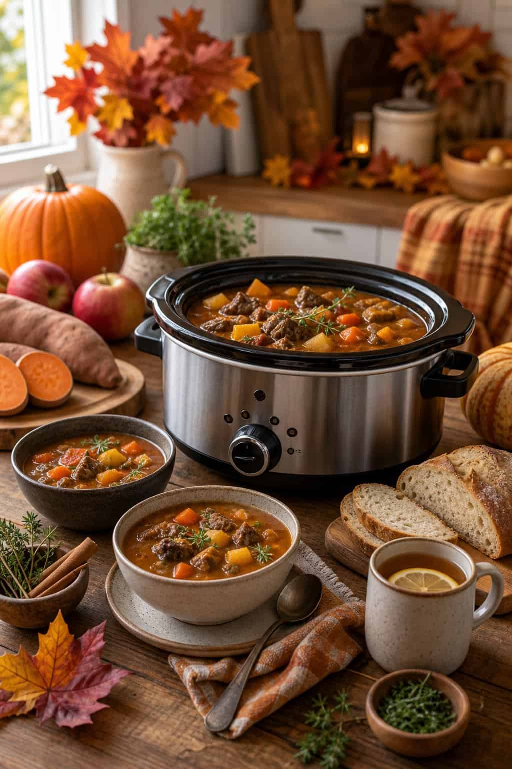 A crockpot with a hearty stew on a wooden table surrounded by fall ingredients like pumpkins, sweet potatoes, and apples in a cozy kitchen.