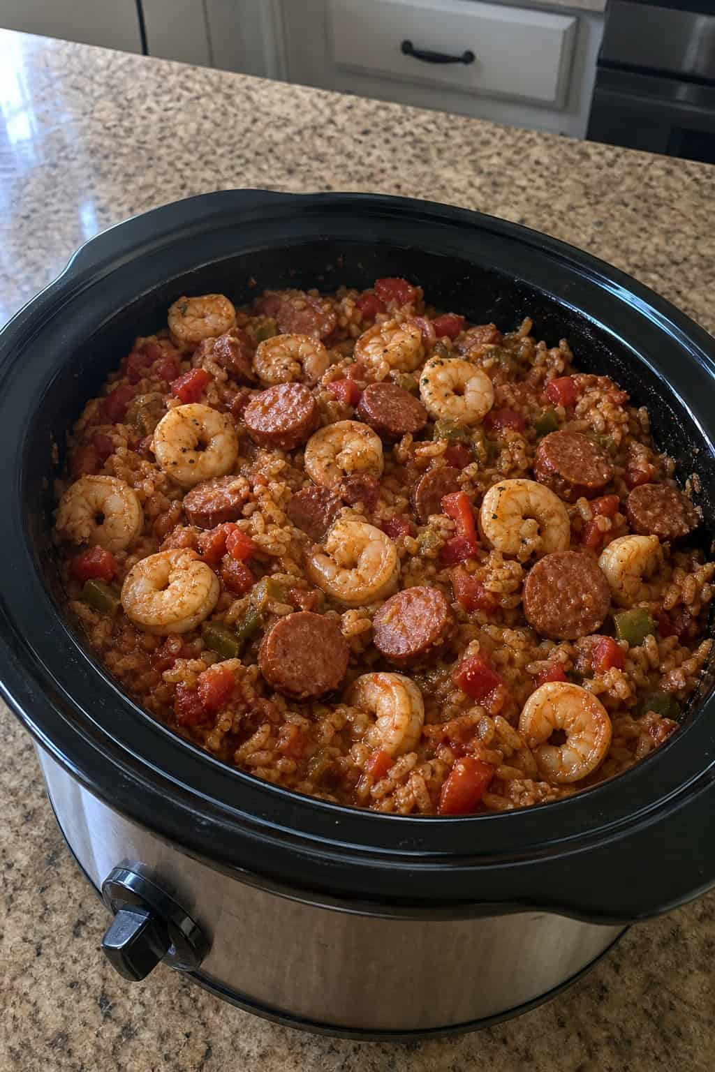 A slow cooker filled with jambalaya on a kitchen countertop surrounded by fresh ingredients like vegetables and herbs.