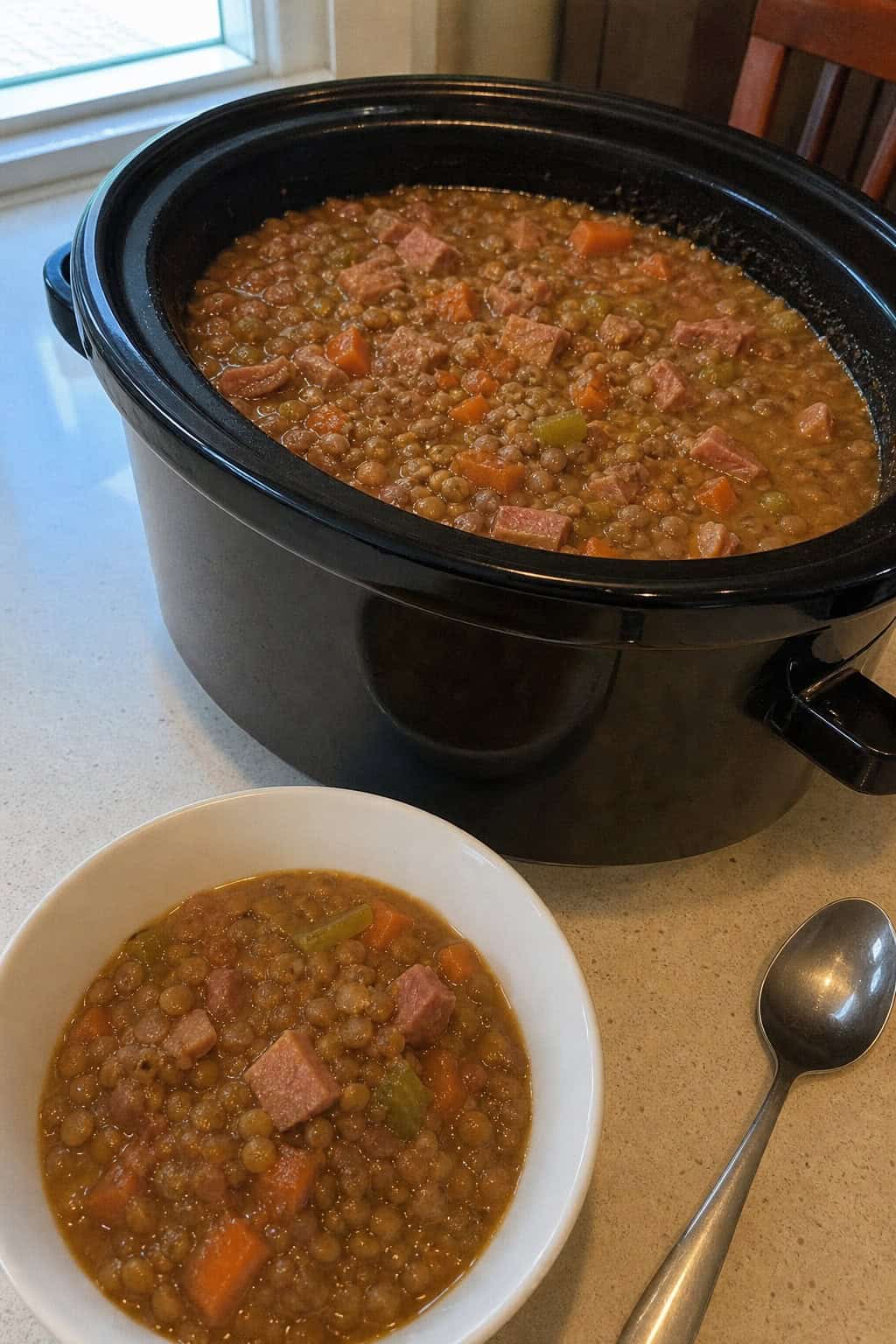 A crockpot filled with steaming lentil and ham soup on a kitchen countertop surrounded by fresh vegetables and ingredients.