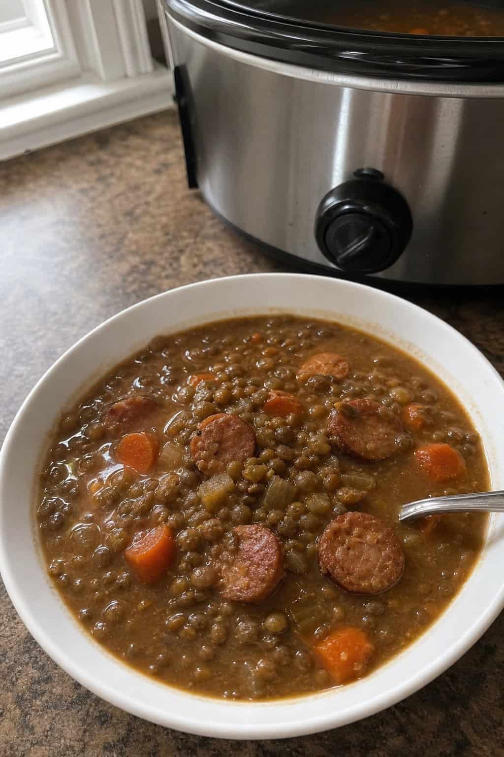 A bowl of lentil and sausage soup on a wooden table with fresh ingredients and a slow cooker in the background.