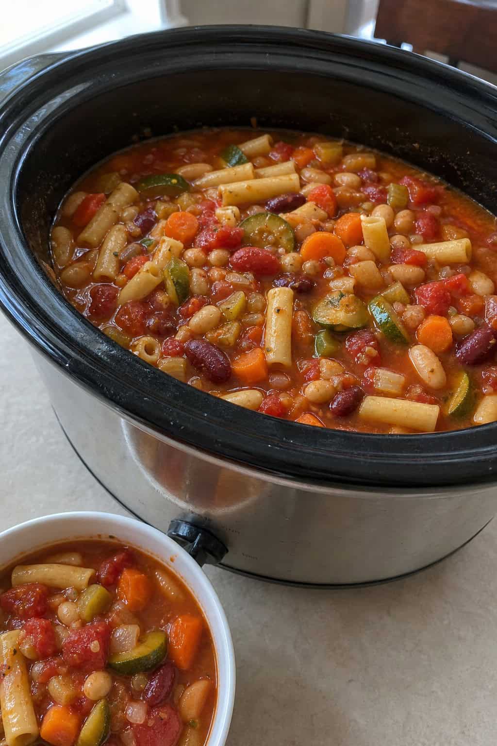 A crockpot filled with minestrone soup and pasta on a kitchen countertop surrounded by fresh vegetables and cooking utensils.