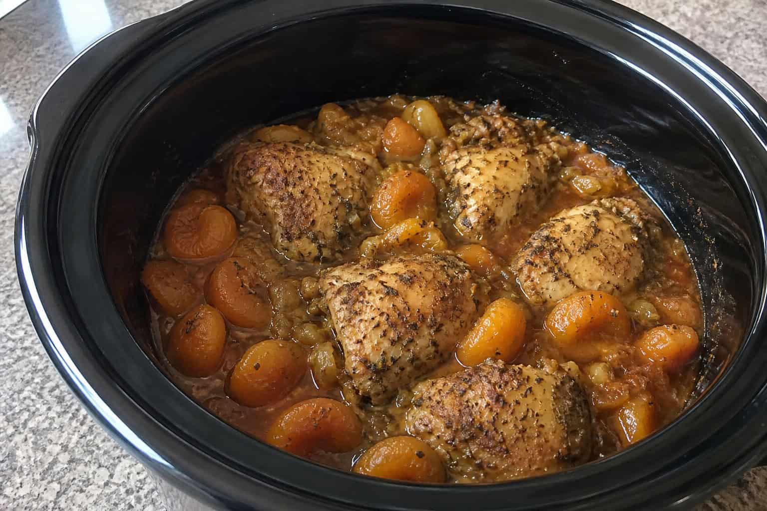 A crockpot filled with Moroccan-spiced chicken and apricots surrounded by fresh apricots, herbs, and spices on a wooden kitchen surface.
