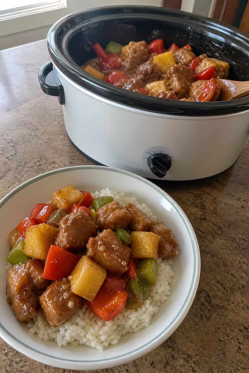 A crockpot filled with teriyaki pineapple pork and vegetables on a wooden table with fresh ingredients around it.
