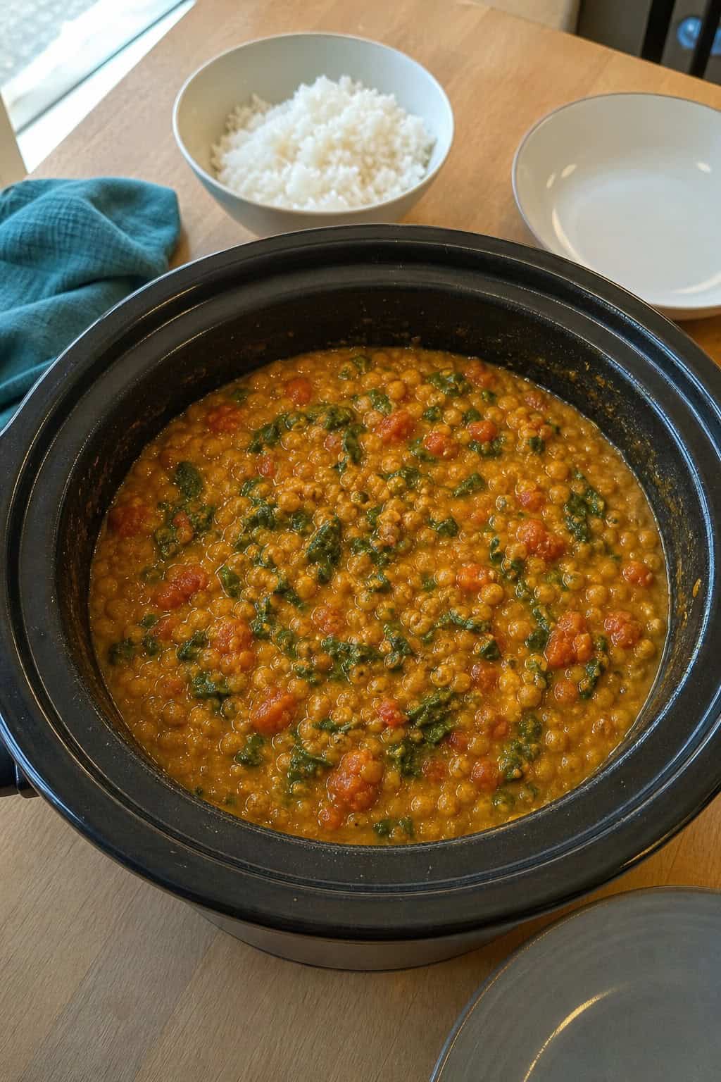 A crockpot filled with vegetarian lentil curry on a wooden table surrounded by fresh ingredients and spices in a kitchen setting.