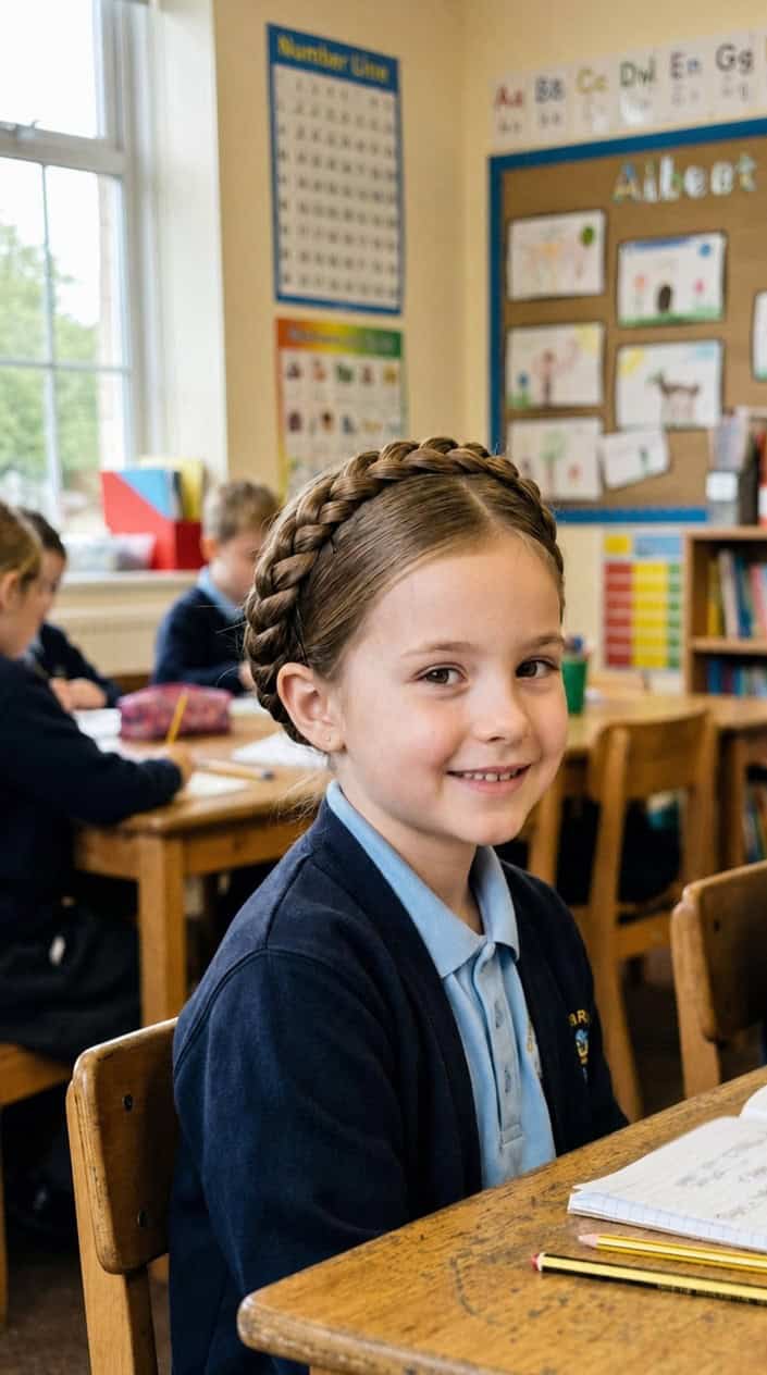 Young girl sitting in a classroom with a braided hairstyle wrapped around her head, smiling gently.