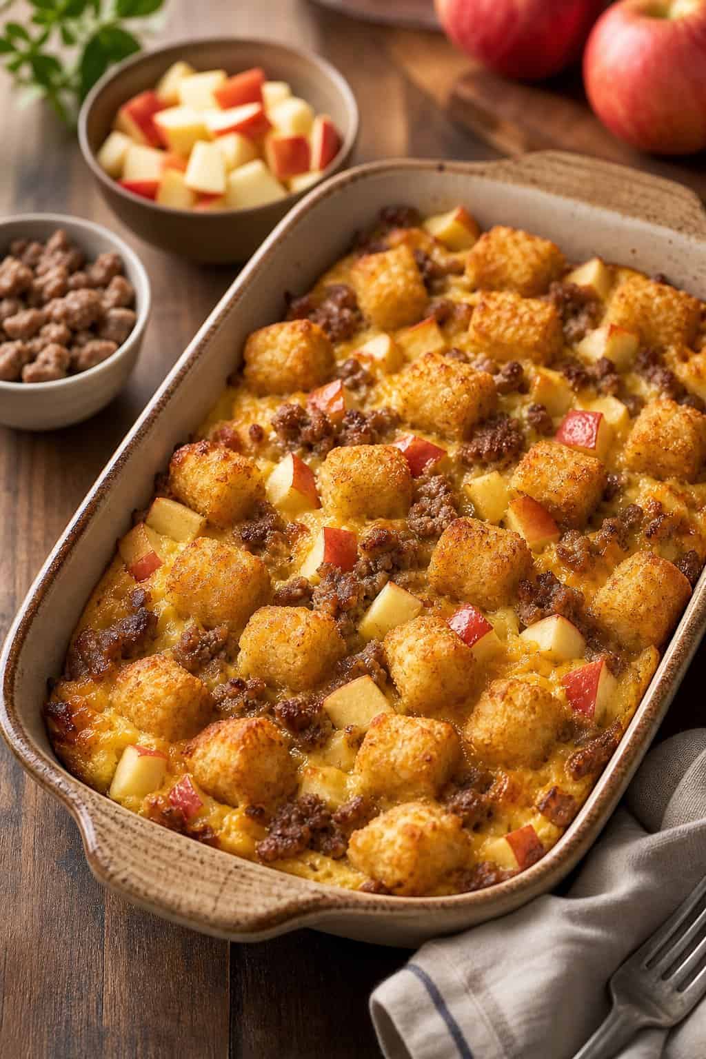 A baked breakfast casserole with crumbled sausage, apple pieces, and crispy tater tots in a ceramic dish on a wooden table.