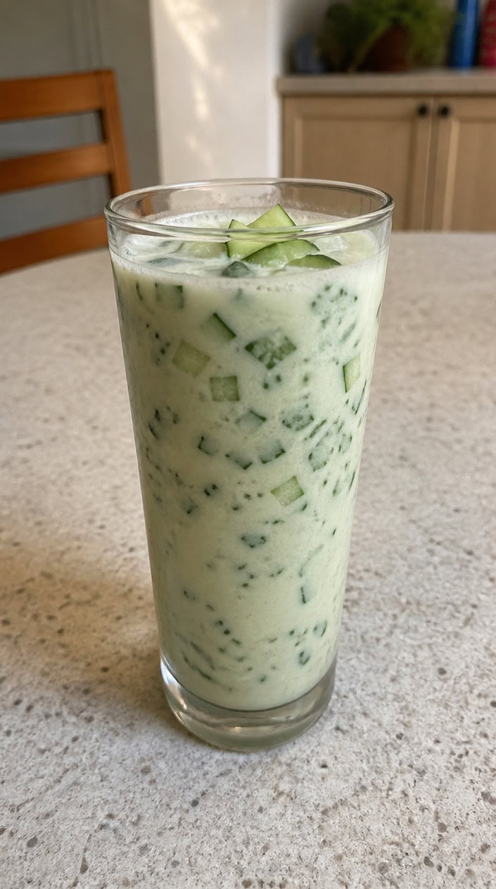 A tall glass of cucumber-mint yogurt cooler garnished with mint and cucumber slices on a wooden table outdoors during golden hour.