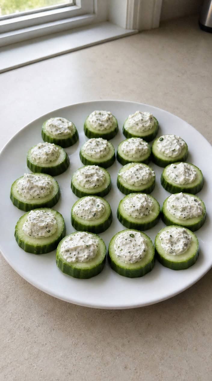 Close-up of cucumber slices topped with herbed cream cheese arranged on a wooden board.