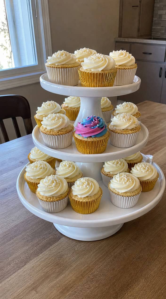 A tower of cupcakes with one cupcake decorated with pink and blue frosting among white frosted cupcakes on a white cake stand.