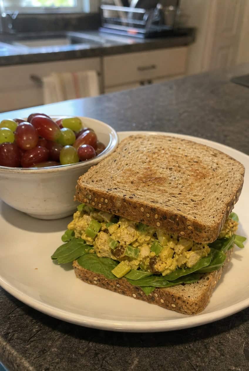 A golden curry chicken salad sandwich on a soft roll, open-faced on a wooden board, with crisp green lettuce leaves and sliced cucumber scattered nearby.