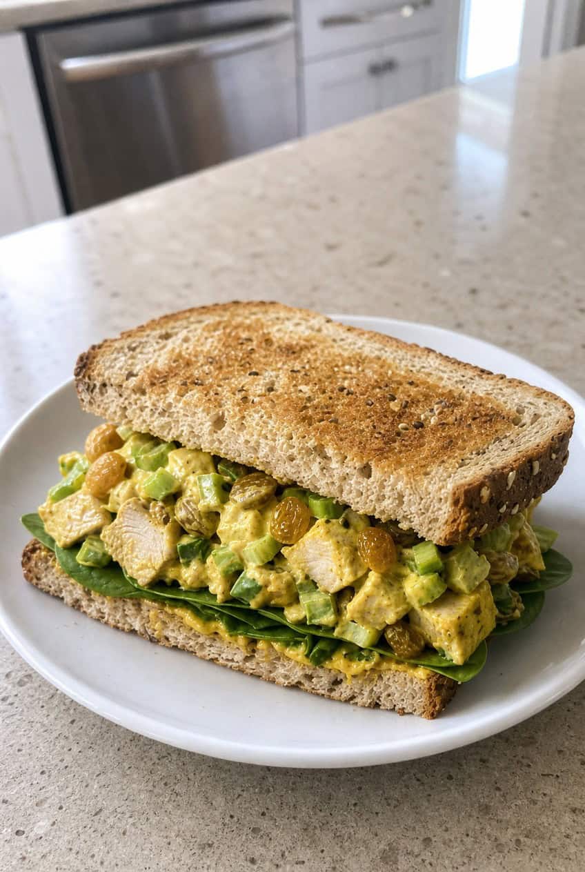 A golden curry chicken salad sandwich on a soft roll, open-faced on a wooden board, with crisp green lettuce leaves and sliced cucumber scattered nearby.