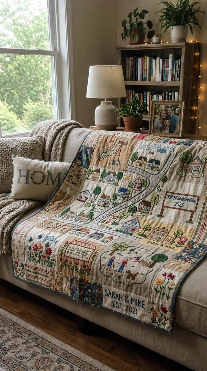 A custom embroidered quilt with colorful patterns spread on a couch in a cozy living room.
