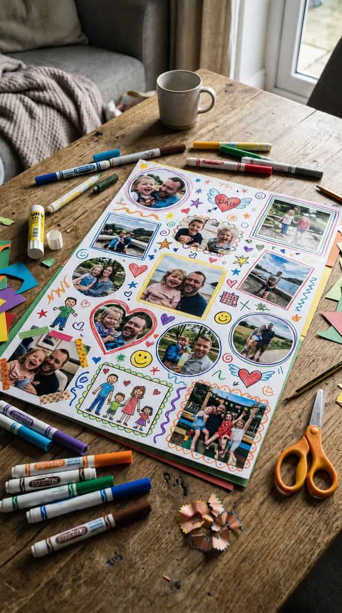 A handmade photo collage on a poster board surrounded by art supplies on a wooden table.