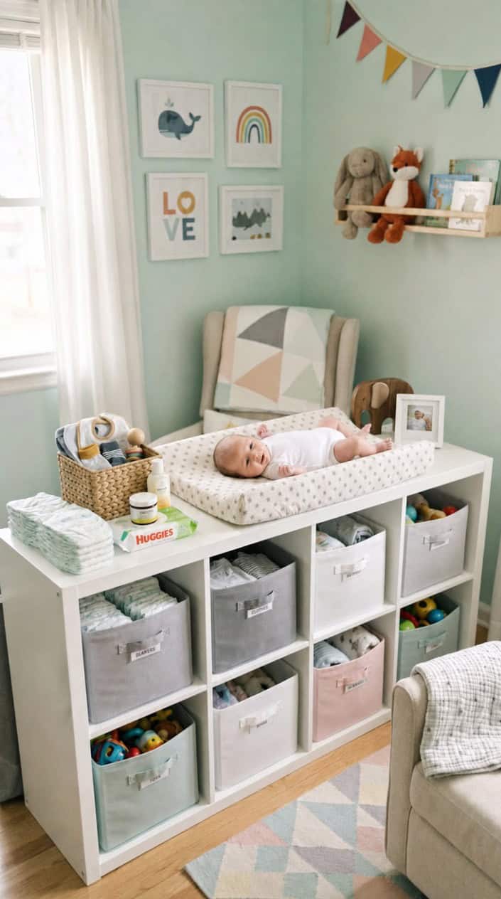 A children's room with a white Kallax cube topped by a fitted changing pad and baby care items arranged neatly around it.