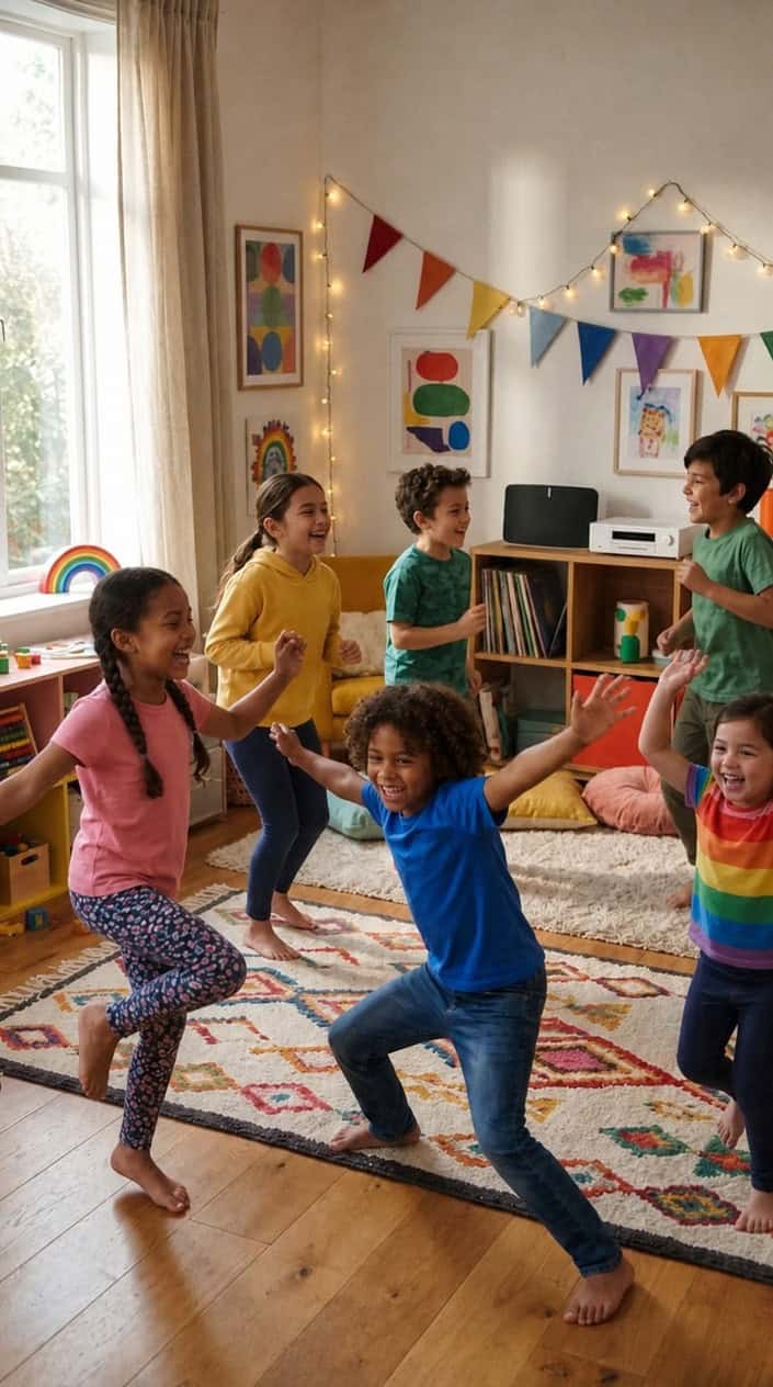 A group of children dancing and freezing in playful poses during a dance party game indoors.