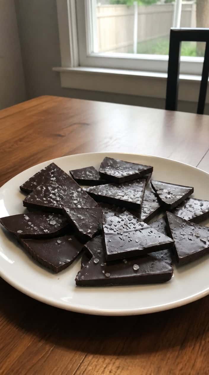 Close-up of pieces of dark chocolate sea salt bark on a wooden board outdoors during a summer evening.