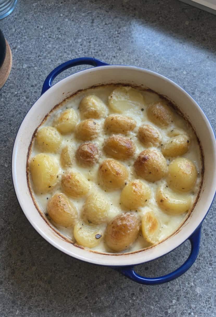 A rustic kitchen counter with a baking dish of creamy Dauphinoise Potatoes, surrounded by scattered peeled potatoes and a sprig of rosemary