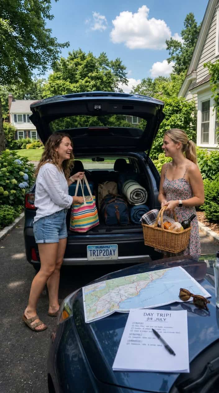 Two young women packing a car and preparing for a day trip on a sunny day in a suburban driveway.
