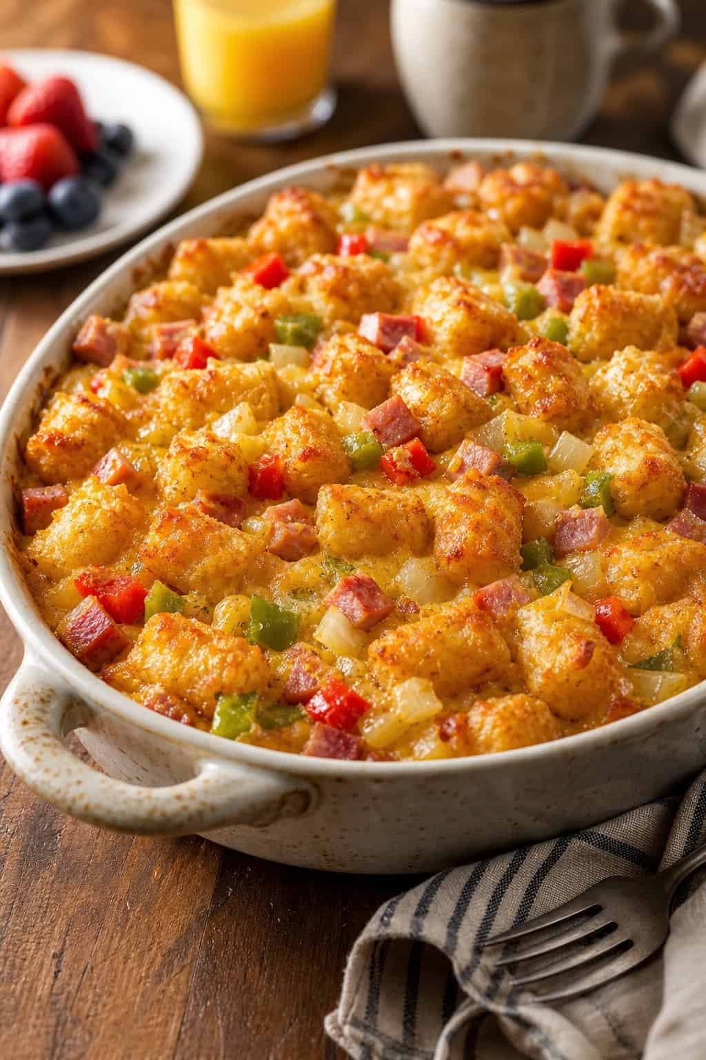 A freshly baked Denver-style ham, pepper, onion, and tater tot breakfast casserole in a rustic dish on a wooden table.
