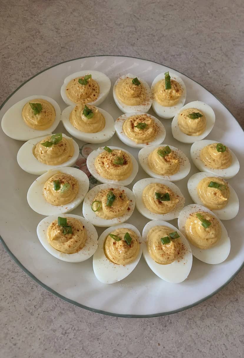 A platter of deviled eggs surrounded by garnishes and served on a decorative tray