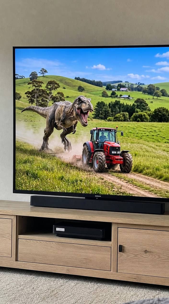 A Tyrannosaurus rex chasing a red tractor across a green field with hills and trees in the background.