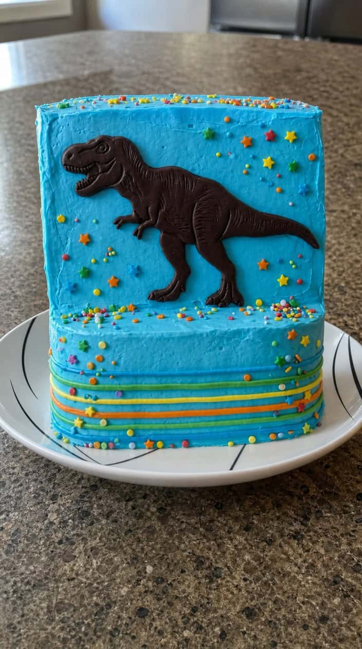 A brightly decorated kid's birthday sheet cake with a large dinosaur silhouette on top.