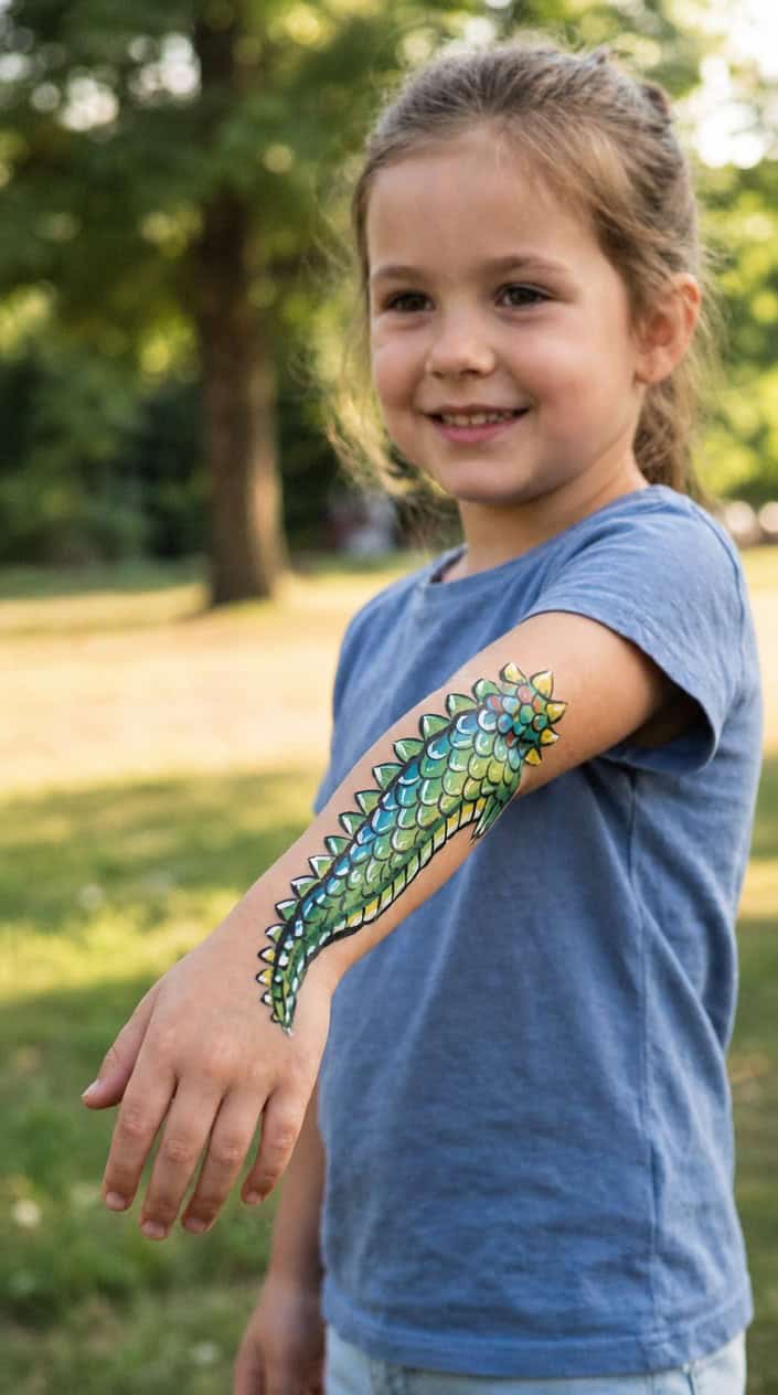 A child's arm painted with a colorful dinosaur tail tip design against a blurred background.