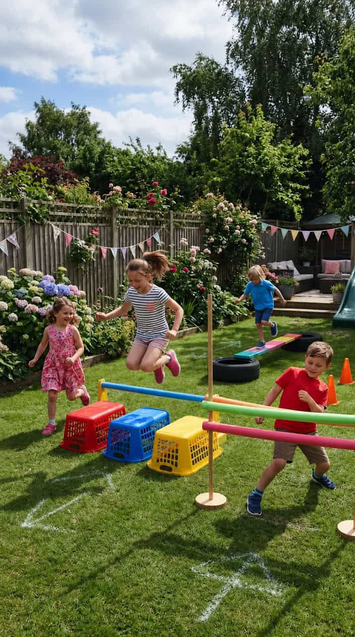 Children playing on a backyard obstacle course with laundry basket hurdles and a pool noodle limbo bar on a sunny day.