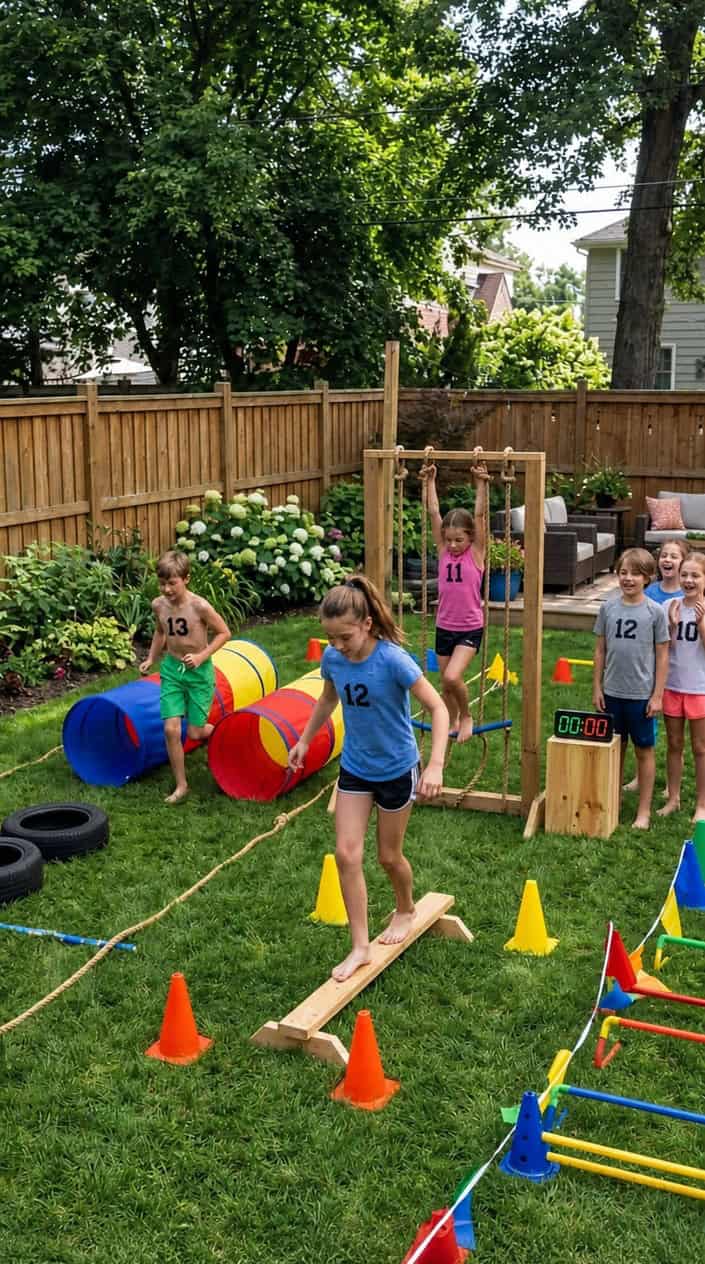 18 Kid-Friendly Outdoor Summer Activities for Tweens and Older Kids 3 Children playing on a backyard obstacle course with bright orange cones, knotted jump ropes, and a wooden balance beam on a sunny afternoon.