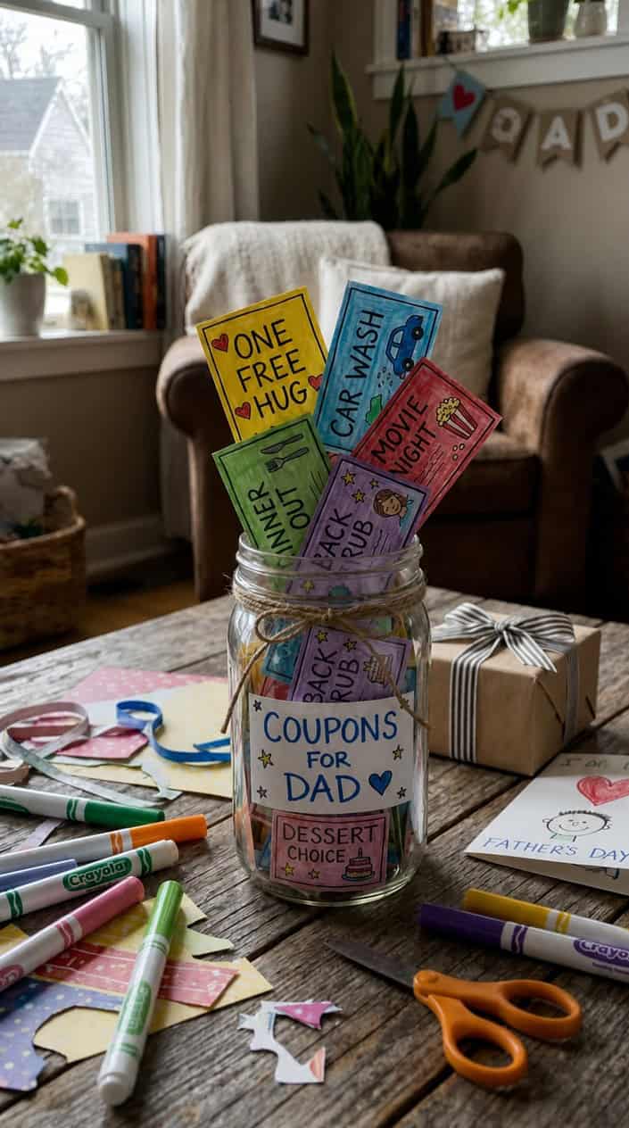 A DIY coupon jar filled with colorful handmade coupons on a wooden table surrounded by craft supplies in a cozy home setting.