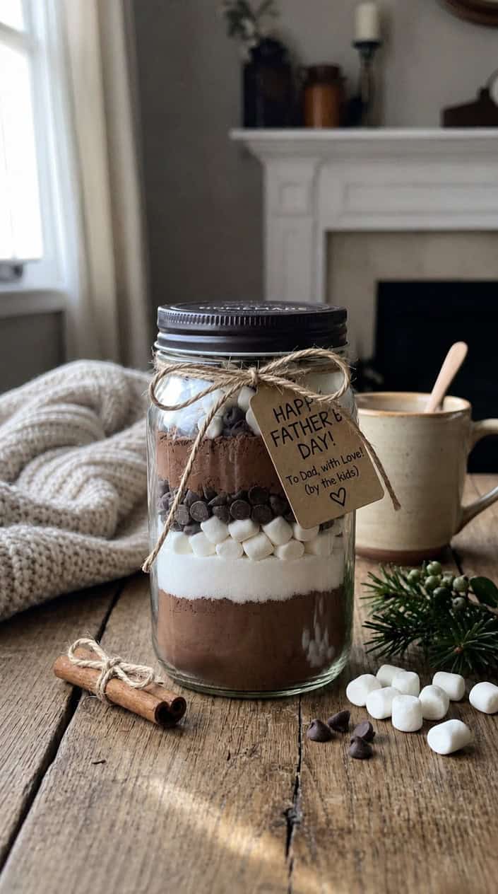 A mason jar filled with layered hot chocolate mix ingredients tied with twine, sitting on a wooden table with cozy items around it.