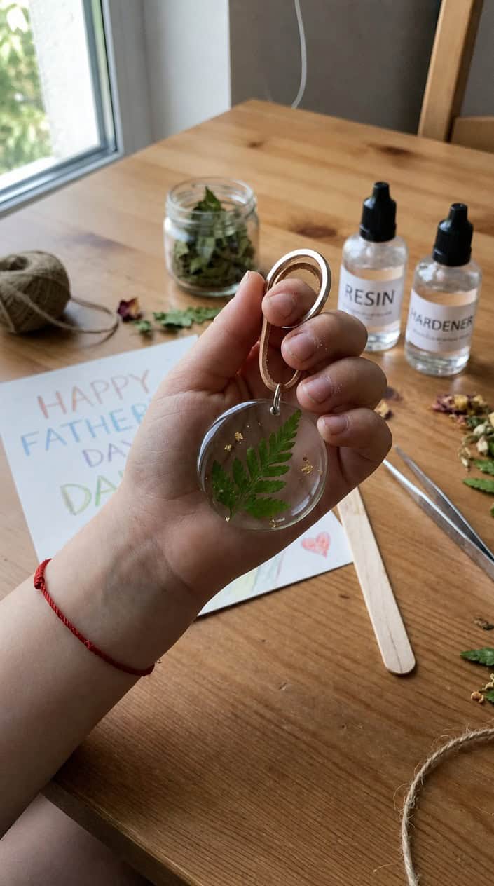 A child's hand holding a DIY keychain with a pressed leaf in clear resin, with crafting materials in the background.