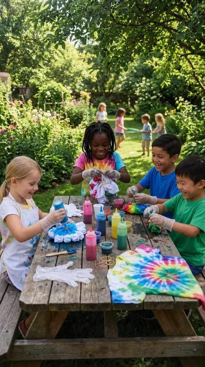 Children sitting around a table outdoors, making colorful tie-dye t-shirts using rubber bands and fabric dyes.