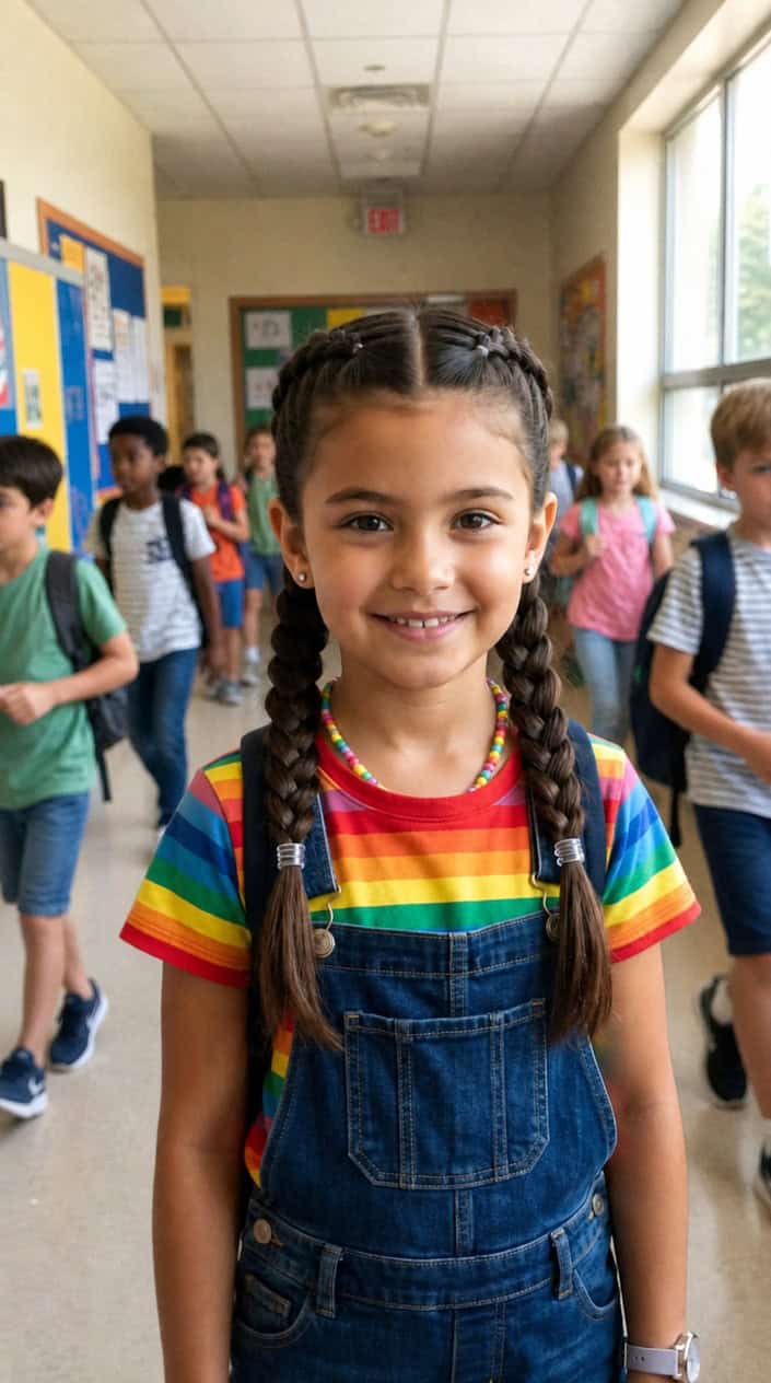 A young girl smiling with two neatly braided hairstyles secured with small elastics, wearing a colorful outfit against a softly blurred background.