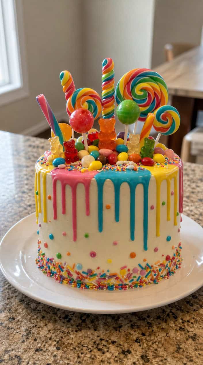 A colorful birthday cake with dripping frosting and various candy toppings on a white cake stand.