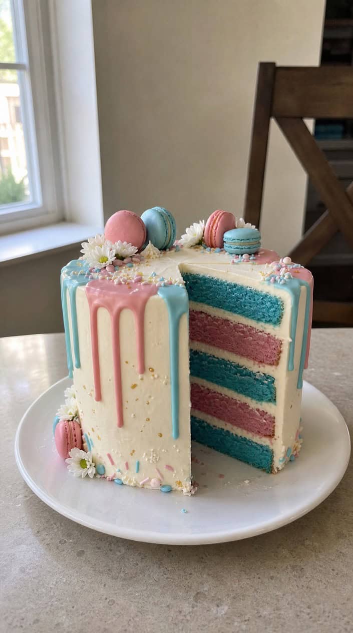 A sliced drip cake with hidden blue and pink layers on a white cake stand surrounded by festive decorations.