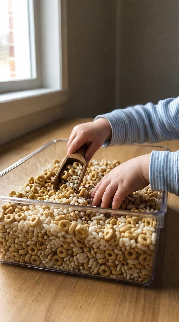 A clear sensory bin filled with a mix of Cheerios and Rice Krispies cereal, with a child's hands sorting the cereal on a wooden surface.
