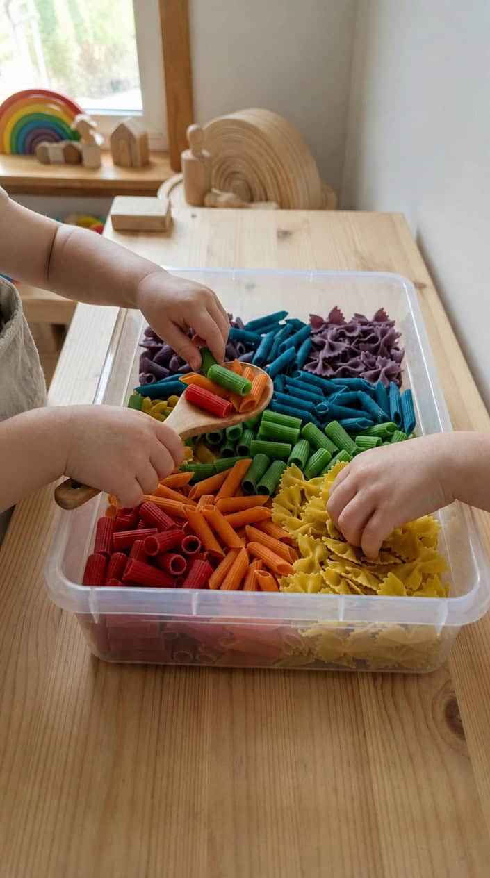 Hands scooping and sorting colorful dry pasta shapes arranged in a rainbow pattern inside a sensory bin on a wooden surface.