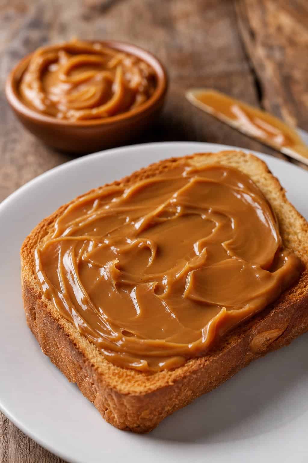 Close-up of toast spread with creamy dulce de leche on a white plate on a wooden table.